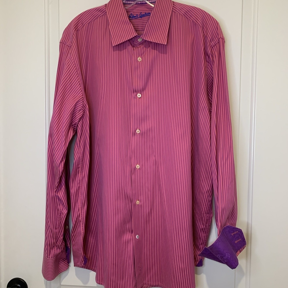 Robert Graham Mens XL Pink Purple Striped Long Sleeve Shirt Dragon Cuffs Cotton